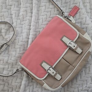 Coach Coral Pink and Taupe Leather-Trim Crossbody